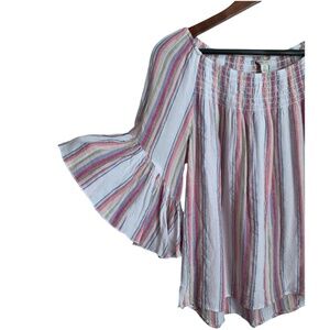 Cato Women's Blouse Size XS Linen Blend Stripes Ruffle Flare Sleeves